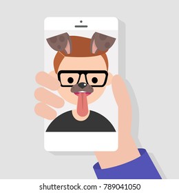 Funny mobile app. Dog muzzle filter. Millennials using smart phones. Flat editable vector illustration, clip art
