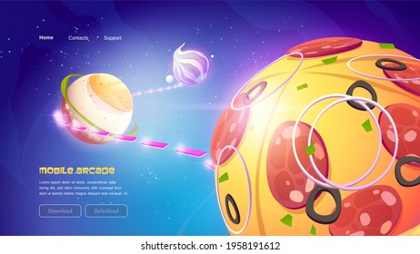 Funny mobile game website with food planets in outer space. 2d arcade videogame for play on phone. Vector landing page with cartoon galaxy and planets with, pizza, meringue and fried egg texture
