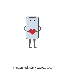 Funny mobile phone hugs red heart. Print design, modern greeting card and love concept.