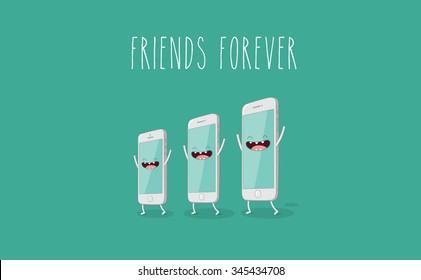 Funny mobile phone. Vector illustration. Friends forever. You can use in the menu, in the shop, in the bar, the card or stickers. Easy to edit. 