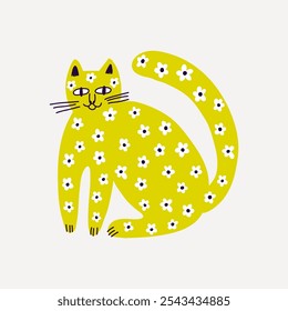 Funny modern cat. Illustration for card, print on clothes. Vector cute kitten.Hand drawn background for design and card, covers, package, wrapping paper. 