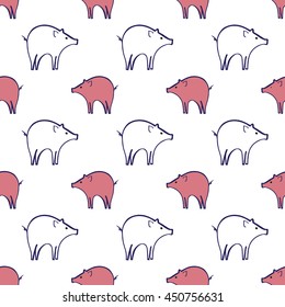 Funny modern colorful background with hand drawn pigs. Vector illustration with funky little piglets. Modern print with pink pigs animal seamless pattern on white background in vector