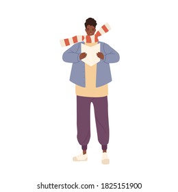 Funny modern dark skin guy performing Christmas hymn vector flat illustration. Cute male street singer reading text or notes of Xmas song isolated. Man in warm scarf at outdoor seasonal performance