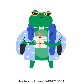 Funny modern frog in sunglasses, presenting birthday gift. Stylish anthropomorphic animal celebrating holiday. Happy smiling cool comic charcater. Flat vector illustration isolated on white background