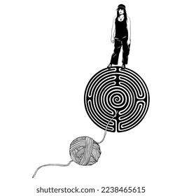 Funny modern girl standing on top of a round spiral maze or labyrinth symbol and a yarn ball. Ariadne's thread. Creative concept. Black and white silhouette.