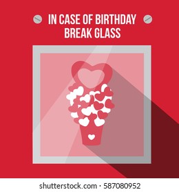 a funny modern happy birthday greeting card vector with text in case of birthday break glass illustration with chocolate flowers love hearts in it on flat design & red background.