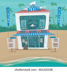 Funny modern house by the sea where you learn to dive or rent sports equipment - Sport or rent concept. Vector illustration
