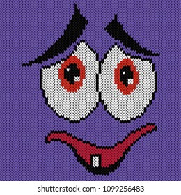 Funny and modest grimace with an open mouth on the violet background, knitting vector pattern as a fabric texture