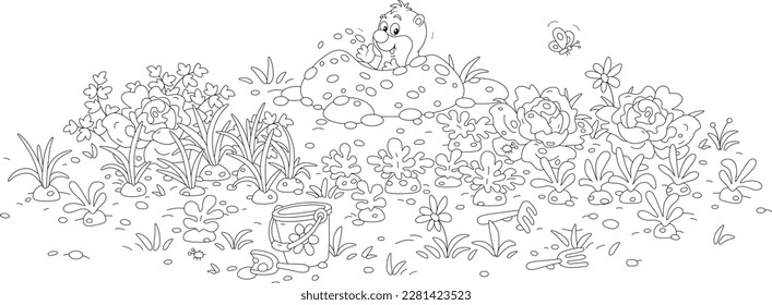 Funny mole peeking out of its new hole among ripening vegetables in a summer kitchen garden, black and white outline vector cartoon illustration for a coloring book