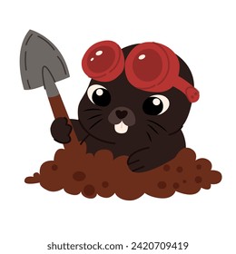 Funny mole with a shovel. Vector illustration on white background.