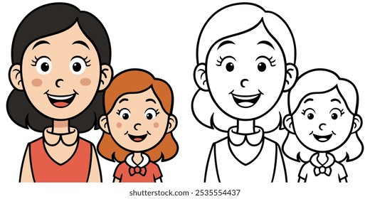 Funny Mom And Daughter Cartoon Coloring Page For Kids