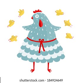 Funny Mom Hen and her Yellow Chicken. Blue hen bird and her children. Vector EPS8.