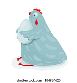 Funny Mom Hen Sitting Hugging Egg. Blue hen bird sitting and hugging an egg. Vector EPS8.