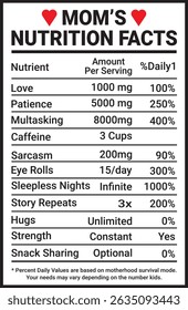 Funny Mom Nutrition Facts T Shirt Graphic. Moms Nutrition Facts Funny Label Printable. Mothers Day Nutrition Facts Design Editable