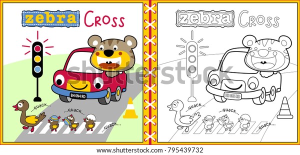 funny moment in the road with cute animals, coloring\
page or book