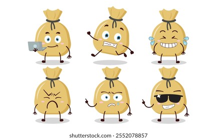 funny money bag cartoon character with many pose activity design illustration