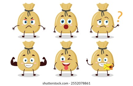 funny money bag cartoon with different expressions character design illustration