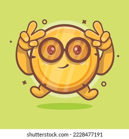 funny money coin character mascot with peace sign hand gesture isolated cartoon in flat style design