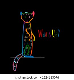 Funny mongoose colorful on black, sketch for your design