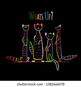 Funny mongooses colorful on black, sketch for your design