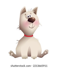 Funny Mongrel Dog Sitting, Cute Comic Doggy Cartoon For Kids. Adorable Fluffy Stray Dog, Friendly Puppy Character Design. Vector Illustration For Children.