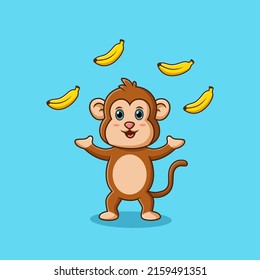 Funny monkey acrobatic throwing banana. Isolated chimpanzee cartoon character. Vector illustration