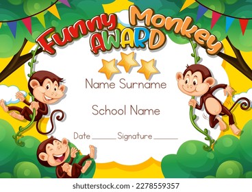 Funny monkey award certificate template illustration