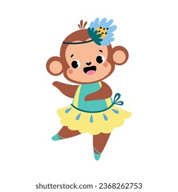 Funny Monkey Ballet Dancing in Skirt and Pointe Shoes Vector Illustration