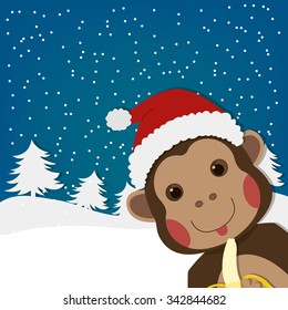 funny monkey with banana, new year and  christmas greeting card, background, cartoon character illustration