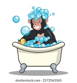 funny monkey bathing in a bathtub with soap bubbles. vector illustration.