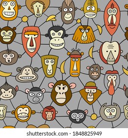 Funny monkey, big family. Sketch for your design. Childish style. Vector illustration