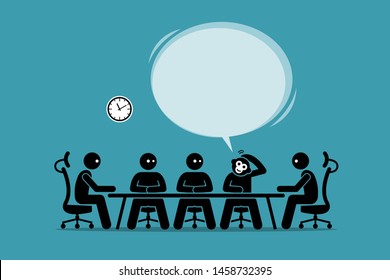 Funny monkey businessman talking and suggesting its idea in a business meeting with humans. Vector concept artwork depicts intelligent, stupid, funny, idiot, creative, and innovative idea. 