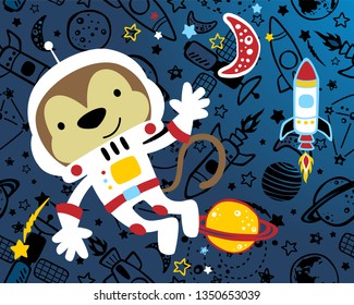 Funny monkey cartoon in astronaut costume on seamless pattern space element background