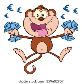 Funny  Monkey Cartoon Character Jumping With Cash Money and Euro Eyes. Vector Illustration Isolated On White