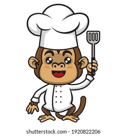 Funny Monkey Cartoon Characters wearing Chef Hat and Chef Uniform, standing and carrying a spatula, best for mascot or logo of culinary business services