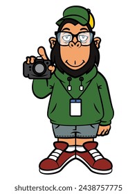 Lustige Affen-Cartoon-Figuren mit Brille, Trucker-Mütze, Kapuzenjacke, kurzer Hose und Ausweis. Fotografieren mit professioneller Kamera. Am besten für Avatar mit Berufsthemen