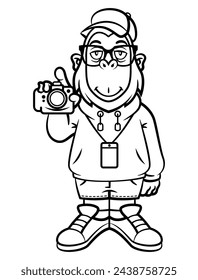 Funny monkey cartoon characters wearing eyeglasses, trucker cap, hoodie jacket, short pants, and ID card. Taking a photos with professional camera. Best for avatar with profession themes