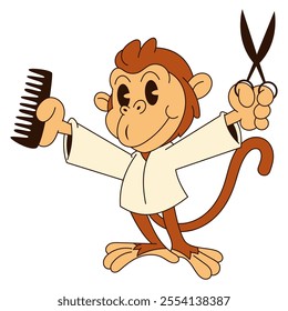 Funny monkey cartoon characters wearing barber uniform, holding hair scissors and comb. Best for sticker, logo, and mascot for barbershop business and services