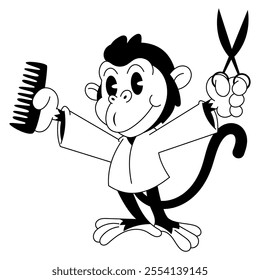 Funny monkey cartoon characters wearing barber uniform, holding hair scissors and comb. Best for outline, logo, and coloring book for barbershop business and services