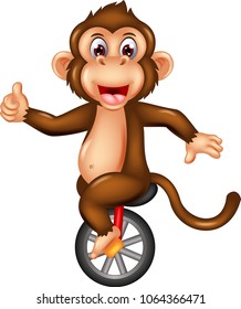 funny monkey cartoon up monocycle with laughing and thumb up