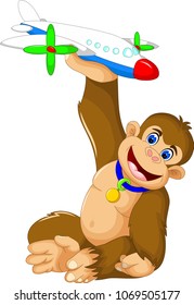 funny monkey cartoon sitting with laughing and playing toy plane