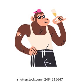 Funny monkey celebrating holiday, drinking champagne in wineglass. Animal enjoying festive birthday party. Modern cool comic character. Humour flat vector illustration isolated on white background