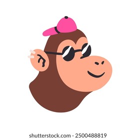 Funny monkey characters, head portrait, face avatar. Modern cool animal in sunglasses and cap. Happy smiling primate in comic humor style. Flat vector illustration isolated on white background