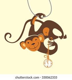 Funny monkey with the clock. Vector illustration.
