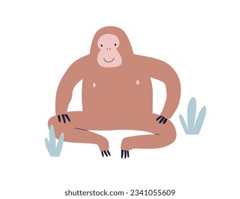 Funny monkey. Cute primate animal in Scandinavian style. Adorable exotic tropical baby ape sitting in amusing pose. Scandi mammal. Kids flat graphic vector illustration isolated on white background