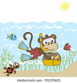 Funny monkey diving undersea carrying treasure chest with marine animals, vector cartoon illustration