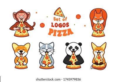 The funny monkey, dog corgi, cat, panda, fox, squirrel eats pizza, logos. Characters, food logotypes, badges, stickers, emblems. Vector illustration, flat, line art style, creative design