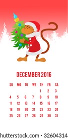 Funny monkey dressed as Santa Claus with Christmas tree calendar 2016