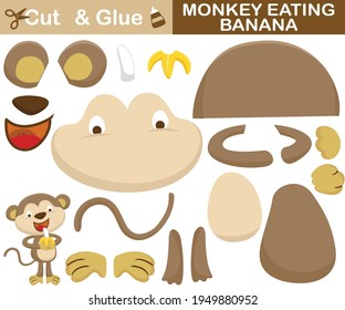 Funny monkey eating banana. Education paper game for children. Cutout and gluing. Vector cartoon illustration