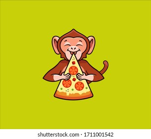 The funny monkey eats pizza, logo. Satisfied macaque character, food logotype, badge, sticker, emblem on green background. Vector illustration, flat, line art style, creative design
